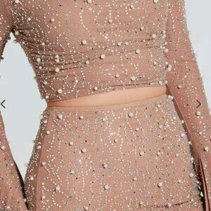 2 Piece Faux Pearl Rhinestone  Crop Top  Skirt